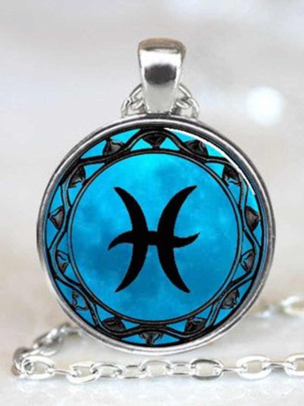 Silver Aqua Blue Pisces Zodiac Symbol Sign Necklace Pendant